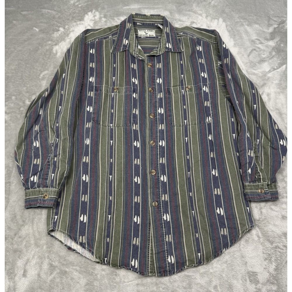 Vintage Bugle Boy Flannel Mens Large Wool & Cotton Button Shirt Wetlands Striped